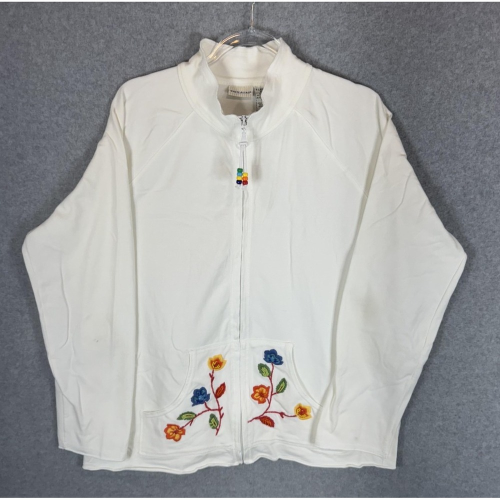 White Stag Jacket Womens XL Full Zip Embroidered Floral Pockets Arctic White
